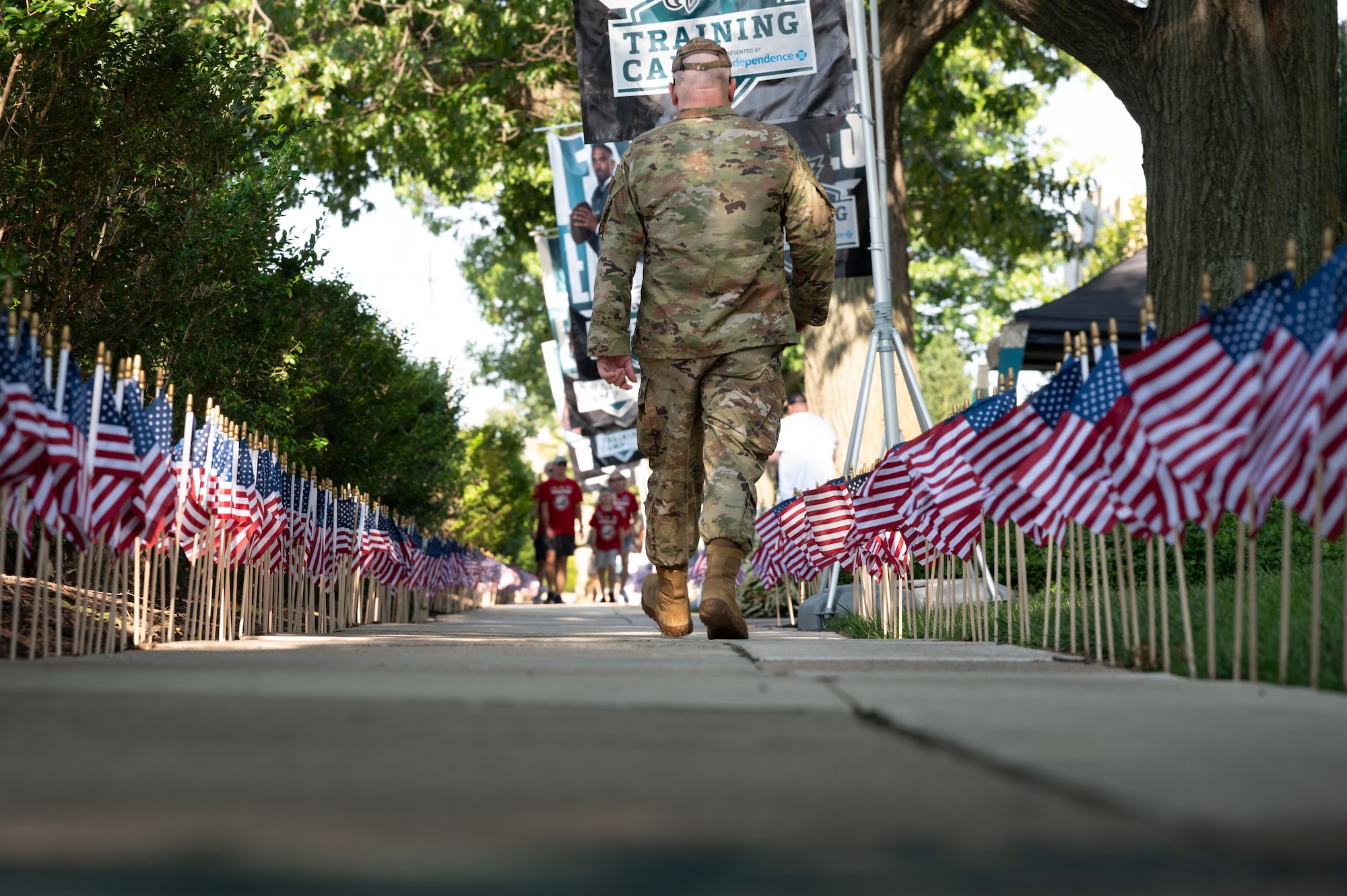 A U.S. Airman leaves the Novacare Complex after attending a Philadelphia Eagles Training camp event in Philadelphia, Pennsylvania, July 27, 2024. The event gave U.S. service members from all six branches of the military the opportunity to watch the Eagles’ practice before the start of the 2024-2025 football season. (U.S. Air Force photo by Senior Airman Dieondiere Jefferies)