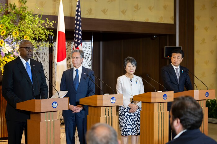 Secretary of Defense Lloyd J. Austin III and Secretary of State Antony J. Blinken conduct a press briefing with Japanese Defense Minister Kihara Minoru and Foreign Minister Kamikawa Yoko after U.S.-Japan Security Consultative Committee meeting in Tokyo, Japan, July 28, 2024. (DoD photo by U.S. Navy Petty Officer 1st Class Alexander Kubitza)