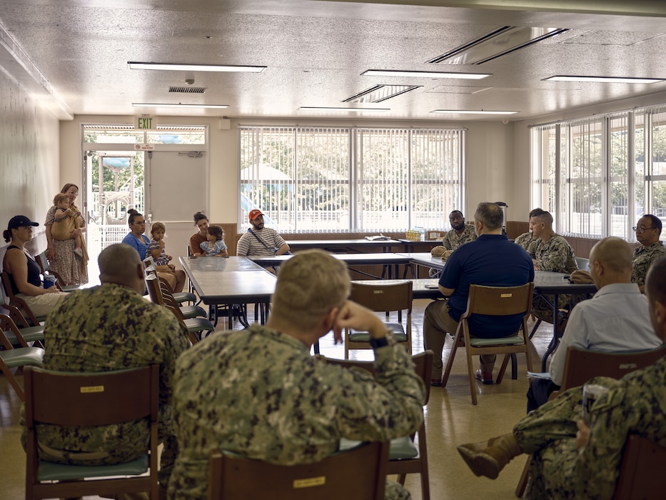 Capt. Les Sobol, Commander, Fleet Activities Yokosuka, and his staff discuss matters concerning Ikego Heights Family Housing community members during the installation's monthly Cup of Joe with the CO event in Ikego's Nikko Tower Community Room July 24, 2024.