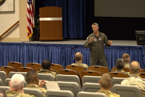 Lt. Col. Matthew Tipton, Director, Air Force Junior ROTC, briefs recently hired instructors during the Advanced Instructor Certification Course