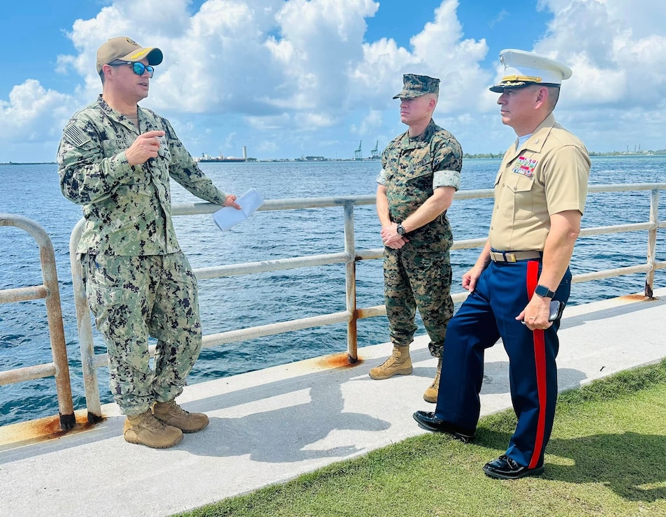 NAVAL BASE GUAM (June 18, 2024) – U.S. Naval Base Guam Commanding Officer Capt. John Frye met with U.S. Marine Corp Brig. Gen. Trevor Hall, and Marine Corps Base Camp Blaz Commanding Officer Col. Ernest Govea during a tour of the installation, June 18.