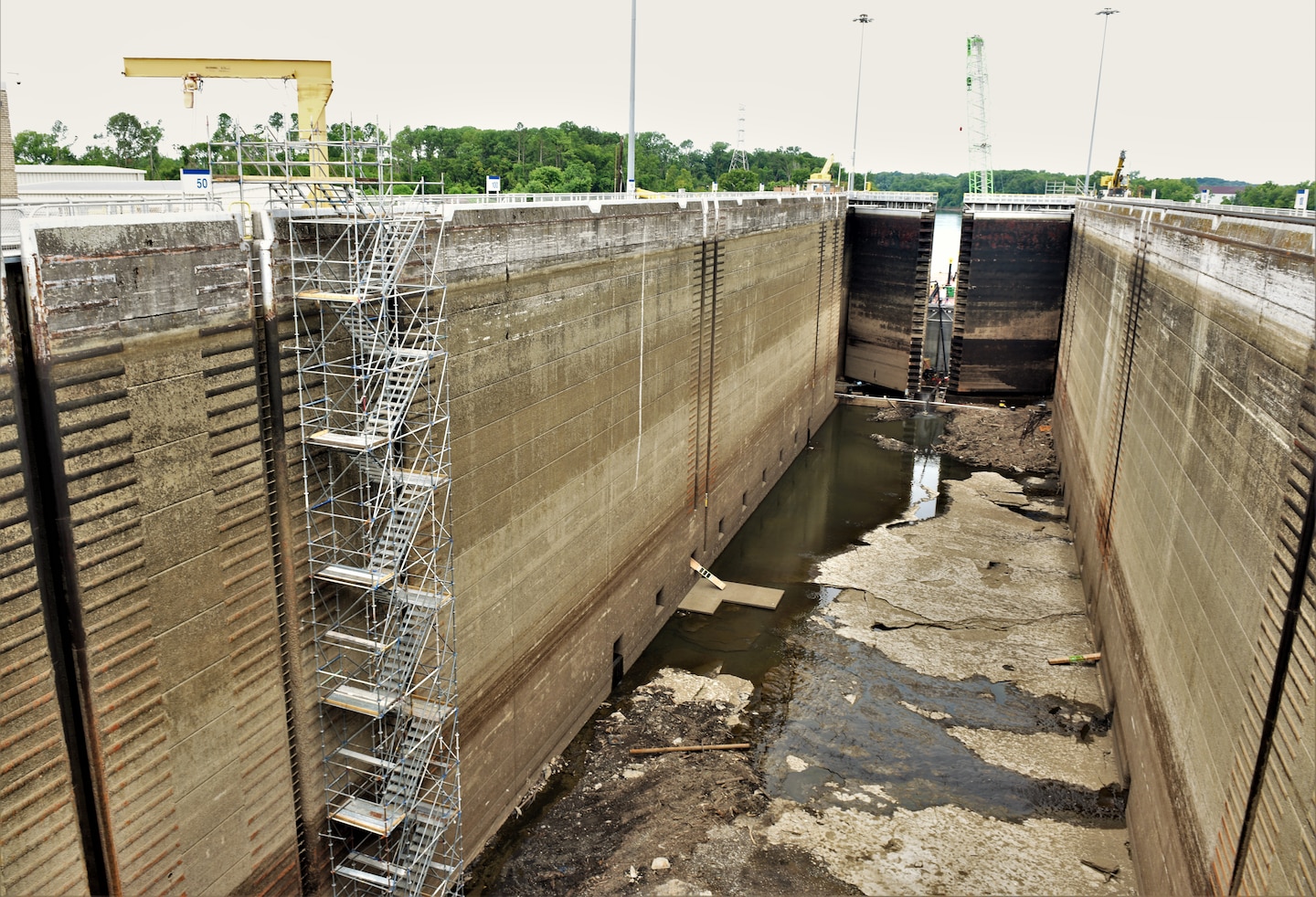 The U.S. Army Corps of Engineers Nashville District recently drained Old Hickory Lock for scheduled maintenance and repair. This is a view of the lock July 19, 2024. It is scheduled to reopen for navigation Aug. 3, 2024. (USACE Photo by Braden Simmons)
