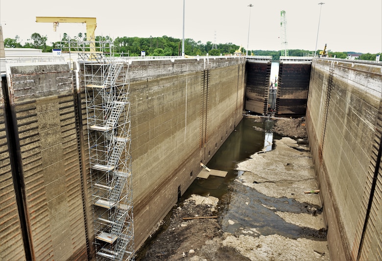 The U.S. Army Corps of Engineers Nashville District recently drained Old Hickory Lock for scheduled maintenance and repair. This is a view of the lock July 19, 2024. It is scheduled to reopen for navigation Aug. 3, 2024. (USACE Photo by Braden Simmons)