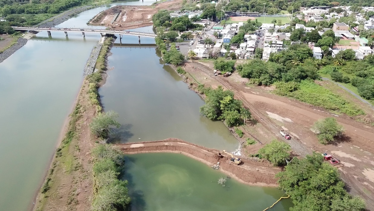 Aerial view of the progress on the Río de La Plata Flood Risk Management Project, one of the largest civil works projects in Puerto Rico under the Caribbean District. On July 26, 2024, the new district assumed oversight of the Civil Works program, military construction projects, navigation initiatives, emergency response efforts, and Interagency and International Services, among other programs.