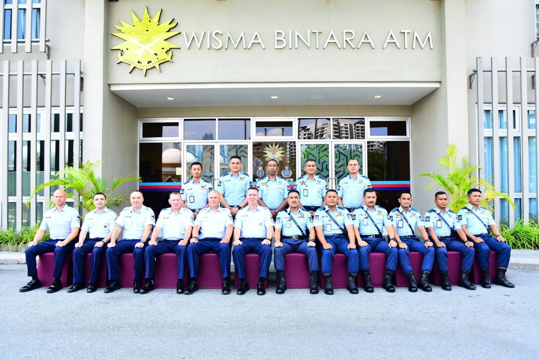 Senior enlisted leaders of the Washington Air National Guard and the Royal Malaysian Air Force pose for a group photo during a senior enlisted visit at Wisma Bintara Angkatan Tentera, Malaysia, July, 24, 2024.