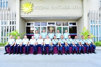 Senior enlisted leaders of the Washington Air National Guard and the Royal Malaysian Air Force pose for a group photo during a senior enlisted visit at Wisma Bintara Angkatan Tentera, Malaysia, July, 24, 2024.
