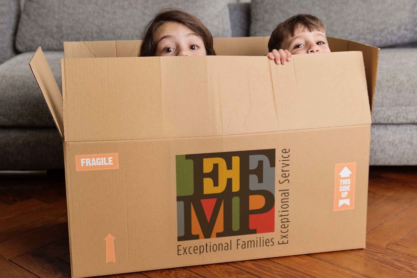 Two children crouch inside of a cardboard box.