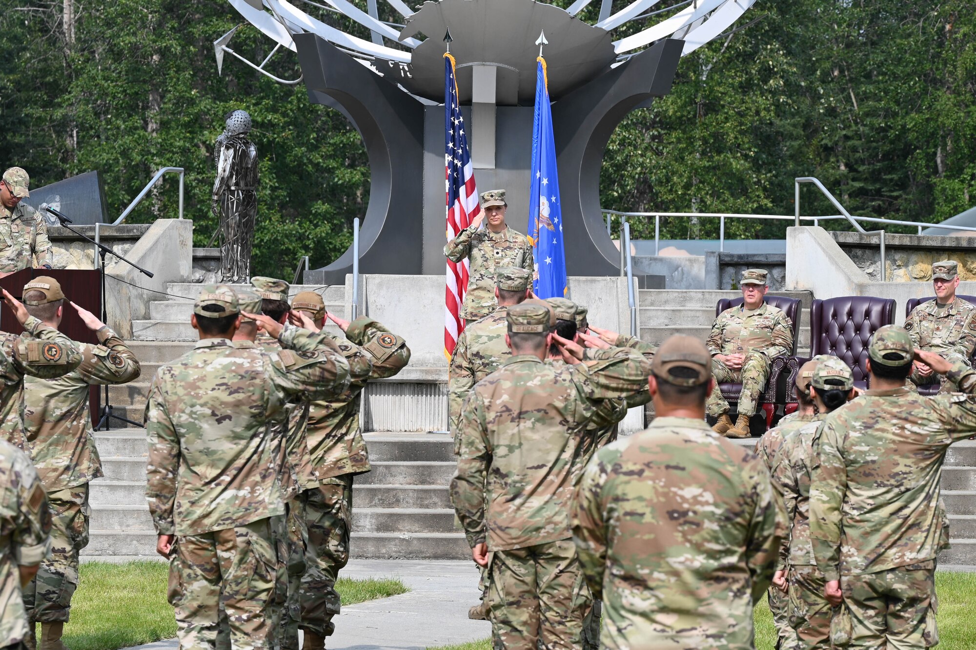 U.S. Air Force Lt. Col. Dawn Pieper, 354th Logistics Readiness Squadron outgoing commander, renders a final salute to the flight at the 354th LRS change of command ceremony at Eielson Air Force Base, Alaska, July 24, 2024.