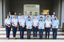 Women of the Washington Air National Guard and the Royal Malaysian Air Force pose for a group photo during the first official Female Leader Engagement Program at Subang Air Base, Malaysia, July, 24, 2024.