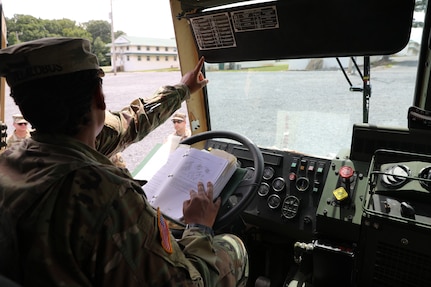 U.S. Soldiers with the 213th Regional Support Group, Pennsylvania National Guard train on the proper care, maintenance and hazards of driving and operating Light Medium Tactical Vehicles, or LMTVs, during an exercise at Fort Indiantown Gap,  Pennsylvania, July 23, 2024.