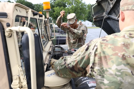 U.S. Soldiers with the 213th Regional Support Group, Pennsylvania National Guard train on the proper care, maintenance and hazards of driving and operating Light Medium Tactical Vehicles, or LMTVs, during an exercise at Fort Indiantown Gap,  Pennsylvania, July 23, 2024.