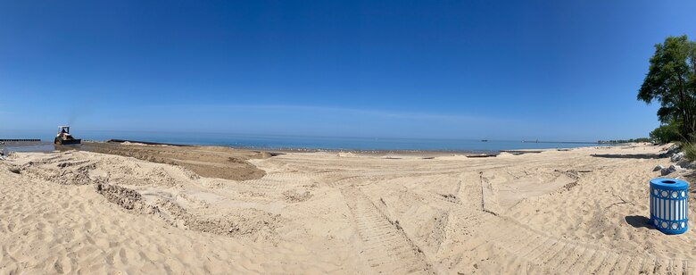 The U.S. Army Corps of Engineers (USACE), Detroit District will begin dredging St. Joseph Harbor this week, Aug. 1, 2024. The Lake Michigan shoreline in St. Joseph is seen in this 2023 image of dredging placement. (U.S. Army Corps of Engineers photo)