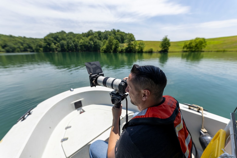 Ryan Campbell, a U.S. Army Corps of Engineers public affairs specialist for the Buffalo District, records video of Summersville Lake during a regional visual storytelling workshop in Summersville, West Virginia, June 26, 2024.