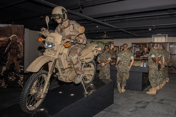 New Marines with Hotel Company, 2nd Recruit Training Battalion, learn about the history of the Marine Corps during their visit to the Marine Corps Recruit Depot San Diego Command Museum, at MCRD San Diego, California, July 24, 2024. The MCRD Command Museum opened its door in 1987 and is focused on the history of the Marine Corps in the 20th and 21st centuries. (U.S. Marine Corps photo by Cpl. Sarah M. Grawcock)