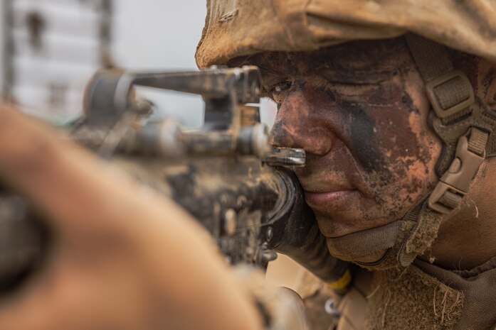 U.S. Marine Corps recruit Bruno Murillo-Torres with Hotel Company, 2nd Recruit Training Battalion, provides security during the crucible at Marine Corps Base Camp Pendleton, California, July 16, 2024. The crucible is a 54-hour exercise where recruits apply the knowledge they learned throughout recruit training to earn the title United States Marine. (U.S. Marine Corps photo by Lance Cpl. Jacob B. Hutchinson)