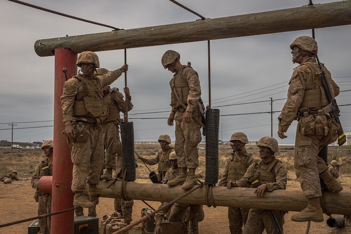 U.S. Marine Corps recruits with Hotel Company, 2nd Recruit Training Battalion, navigate an obstacle during the crucible at Marine Corps Base Camp Pendleton, California, July 16, 2024. The crucible is a 54-hour exercise where recruits apply the knowledge they learned throughout recruit training to earn the title United States Marine. (U.S. Marine Corps photo by Lance Cpl. Jacob B. Hutchinson)