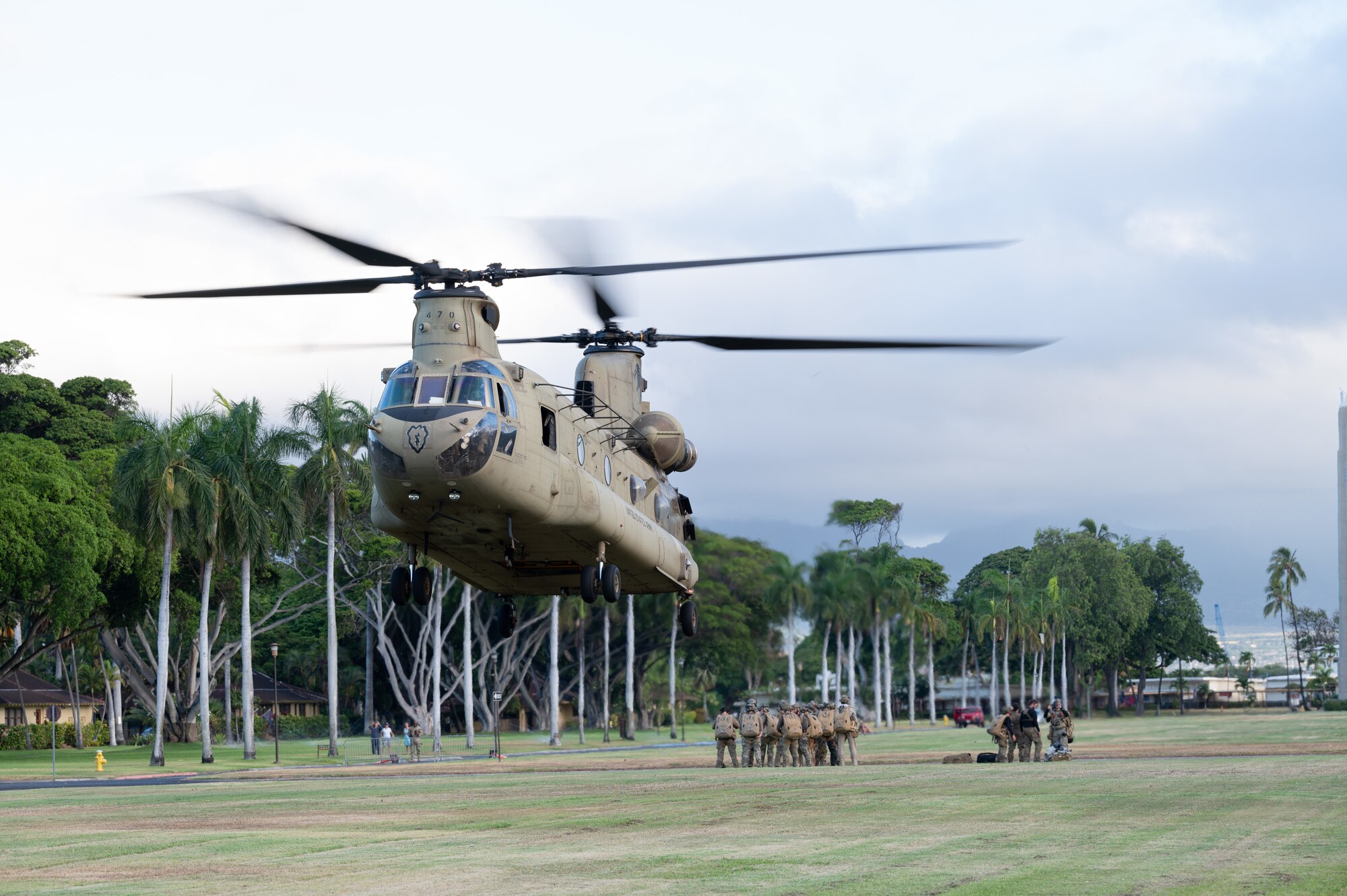 A chinook lands in a field.