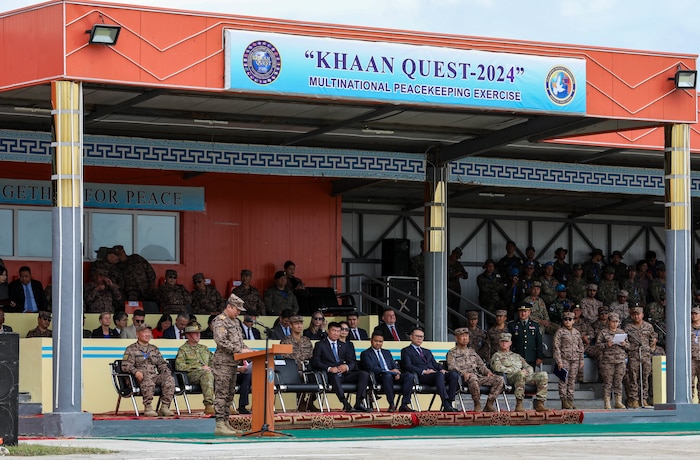 Mongolian Armed Forces Chief of General Staff, Maj. Gen. S. Ganbyamba, delivers opening remarks during multi-national exercise Khaan Quest 2024 opening ceremony at Five Hills Training Facility, Mongolia, July 27, 2024.