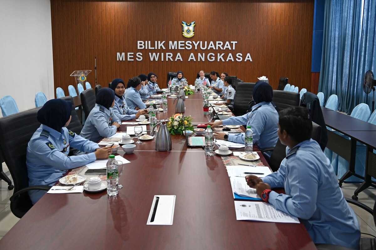 Women of the Washington Air National Guard and the Royal Malaysian Air Force exchange insights on the challenges and triumphs of women in military leadership during the inaugural Female Leader Engagement Program at Subang Air Base, Malaysia, July, 24, 2024.