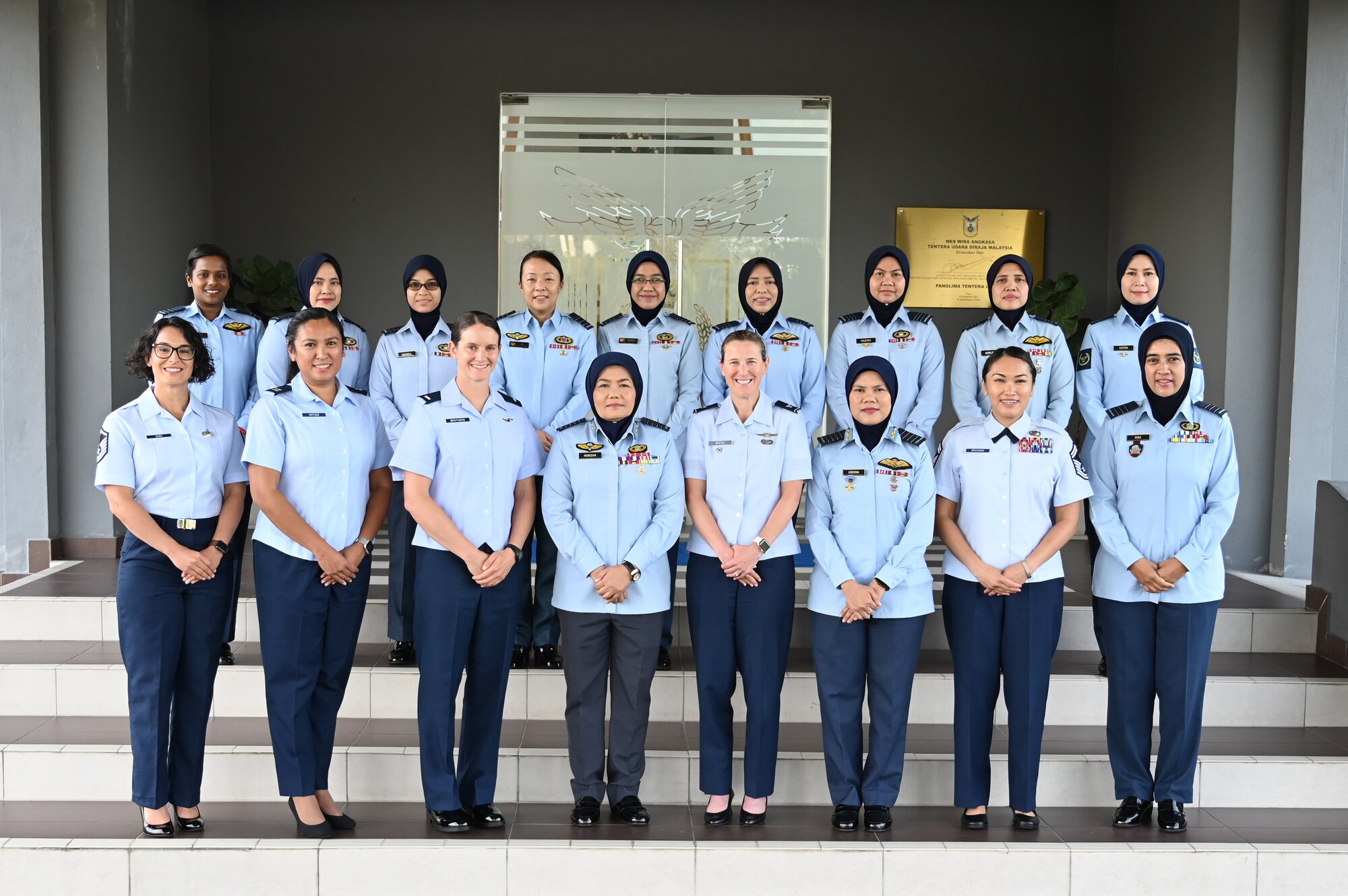 Women of the Washington Air National Guard and the Royal Malaysian Air Force pose for a group photo during the first official Female Leader Engagement Program at Subang Air Base, Malaysia, July, 24, 2024.