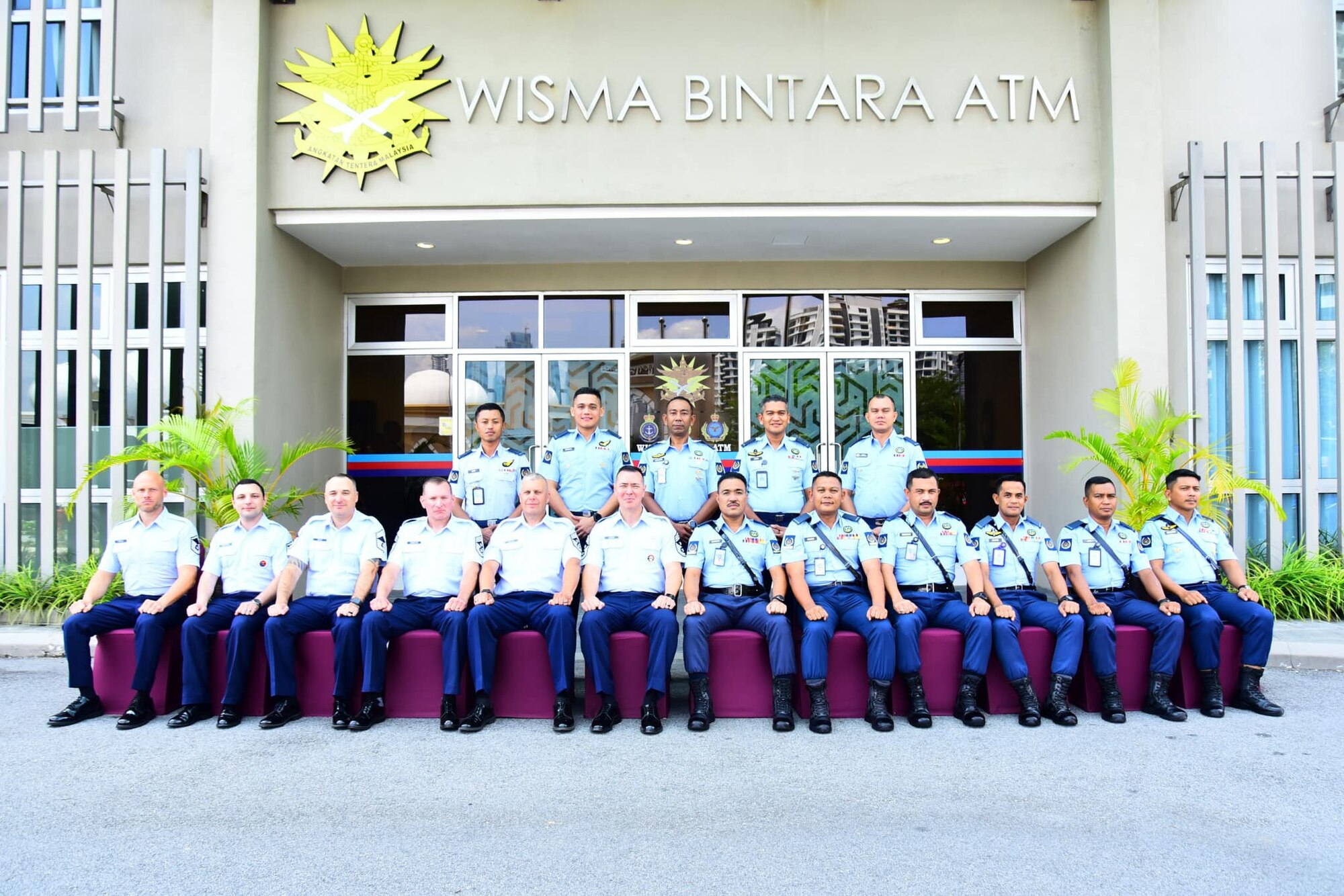 Senior enlisted leaders of the Washington Air National Guard and the Royal Malaysian Air Force pose for a group photo during a senior enlisted visit at Wisma Bintara Angkatan Tentera, Malaysia, July, 24, 2024.