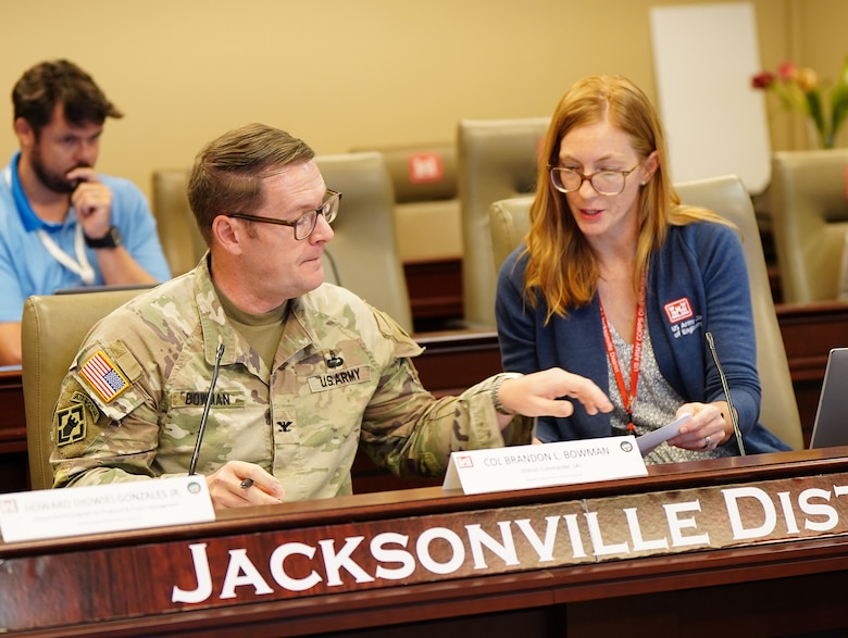 Col. Brandon Bowman, U.S. Army Corps of Engineers Jacksonville District commander, talks with his Jacksonville Puerto Rico Coastal Risk Management study team while communicating with personnel from the U.S. Army Corps of Engineers, Headquarters via Microsoft Teams to work on details of the Chief’s Report for the Puerto Rico Coastal Storm Risk Management Study July 30, 2026.
The study evaluates damages from hurricanes and coastal storms to determine the Federal interest in a plan to reduce damages to structures, property and critical infrastructure, recreational and beach areas as a result of erosion, wave attack, and flooding.(USACE photo by Mark Rankin)
