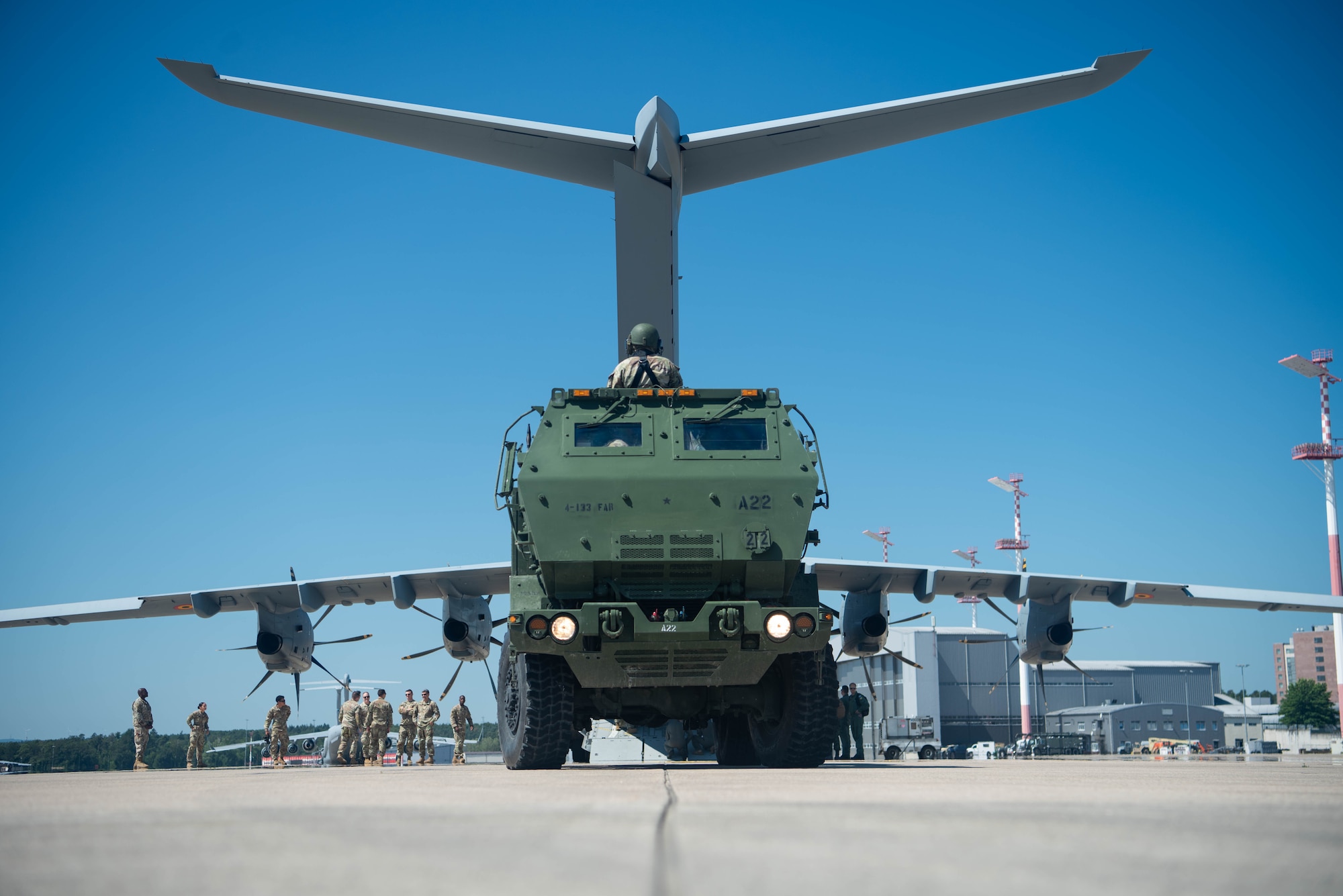 A U.S. Army National Guard M142 High Mobility Rocket System (HIMARS) is loaded on a Belgian Air Component A400M Atlas during a HIMARS Rapid Insertion (HIRAIN) training at Ramstein Air Base, Germany, July 29, 2024.
