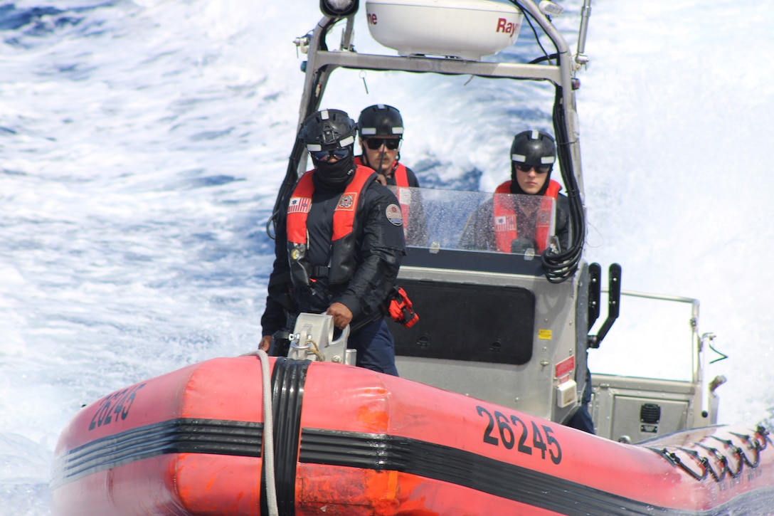 Coast Guard Cutter Forward’s (WMEC 911) small boat crew transits back to the cutter following a personnel transfer with the Coast Guard Cutter Venturous (WMEC 625), July 15, while underway in the Caribbean Sea. Forward conducted a 60-day Caribbean Sea patrol to interdict illegal drugs and apprehend suspected smugglers on the high seas in support of Joint Interagency Task Force – South. (U.S. Coast Guard photo)