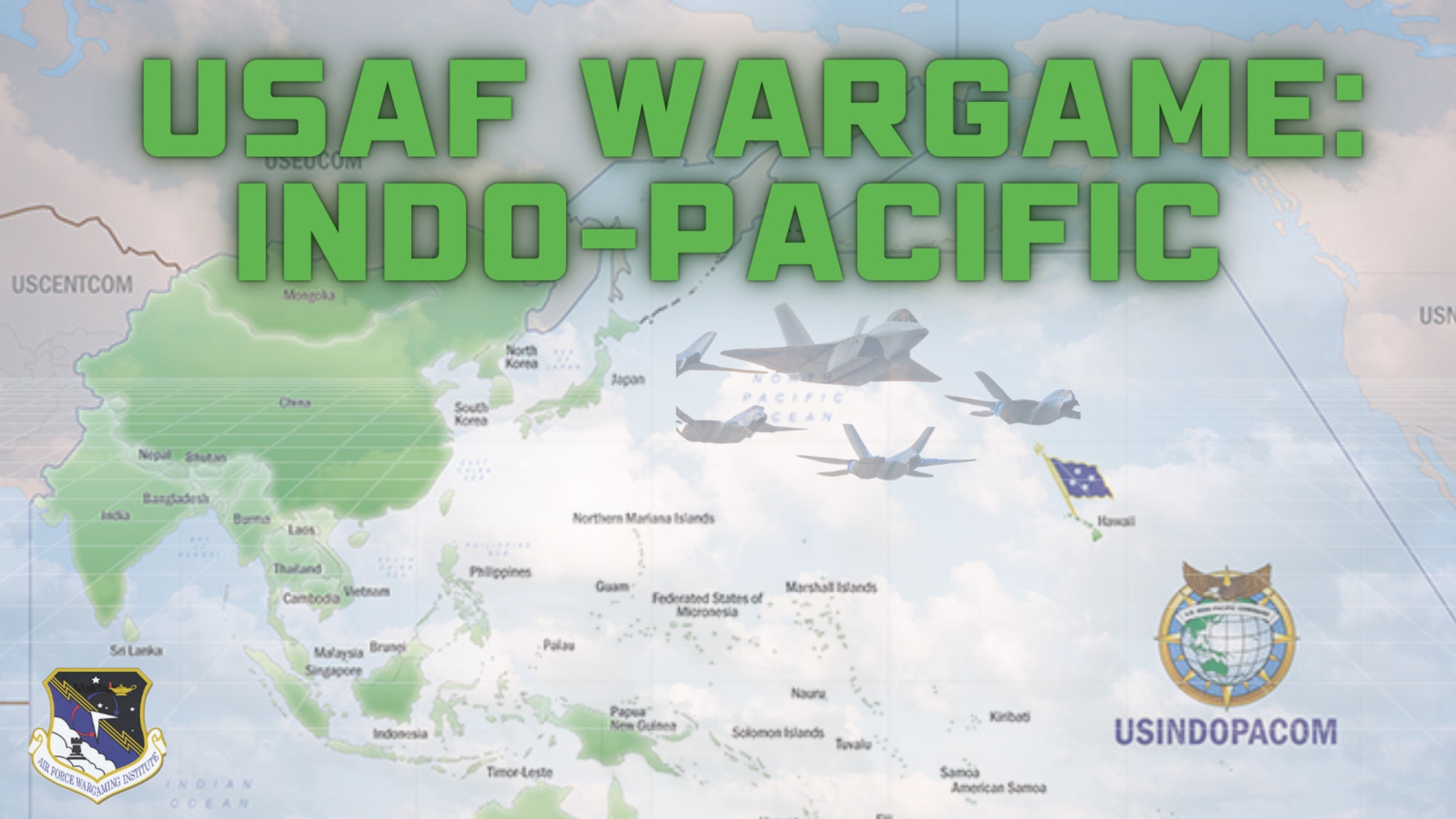 Indo PACOM AOR map with pictures of F-35A aircraft flying