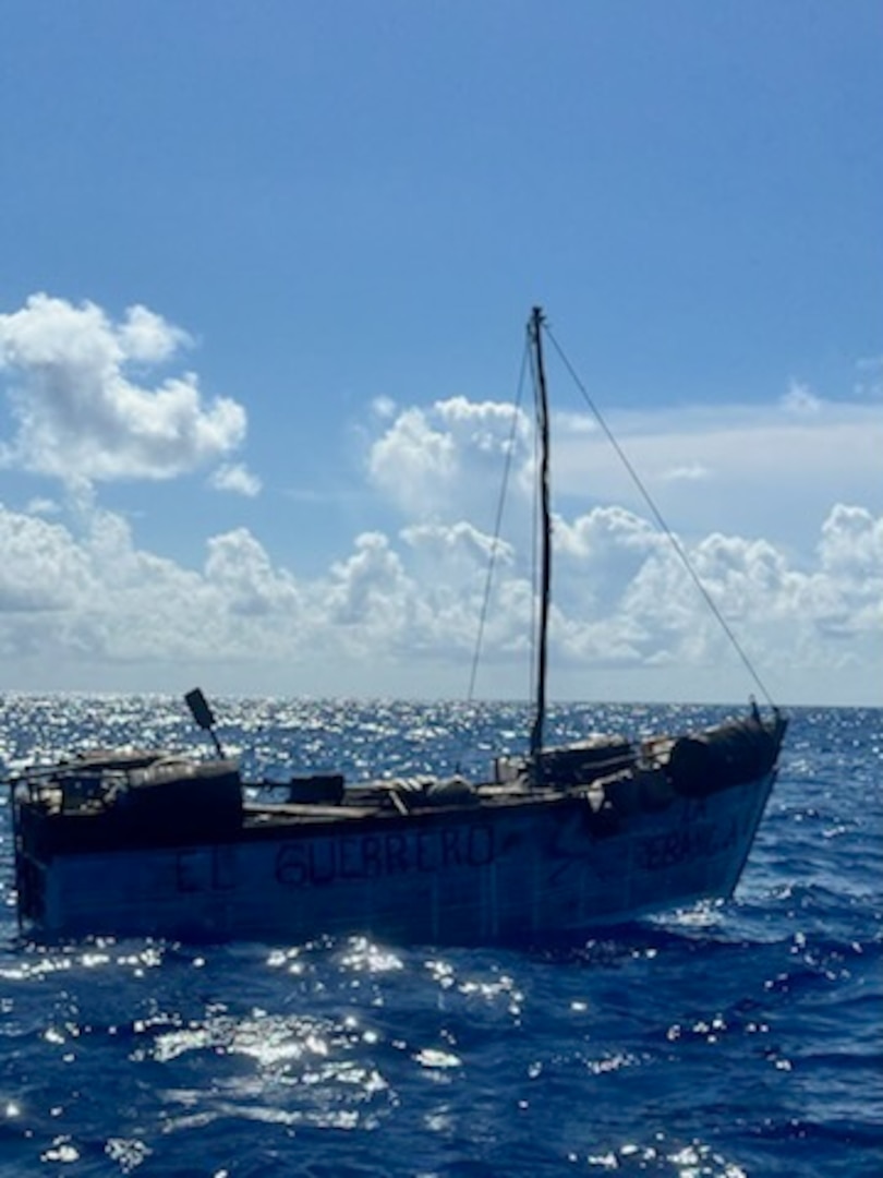 Law enforcement boat crews from Coast Guard Station Islamorada intercept a rustic vessel attempting an illegal migrant voyage, 41 miles southeast of Long Key, Florida, July 26, 2024. The individuals aboard the vessel were repatriated back to Cuba on July 31, 2024. (U.S. Coast Guard photo)