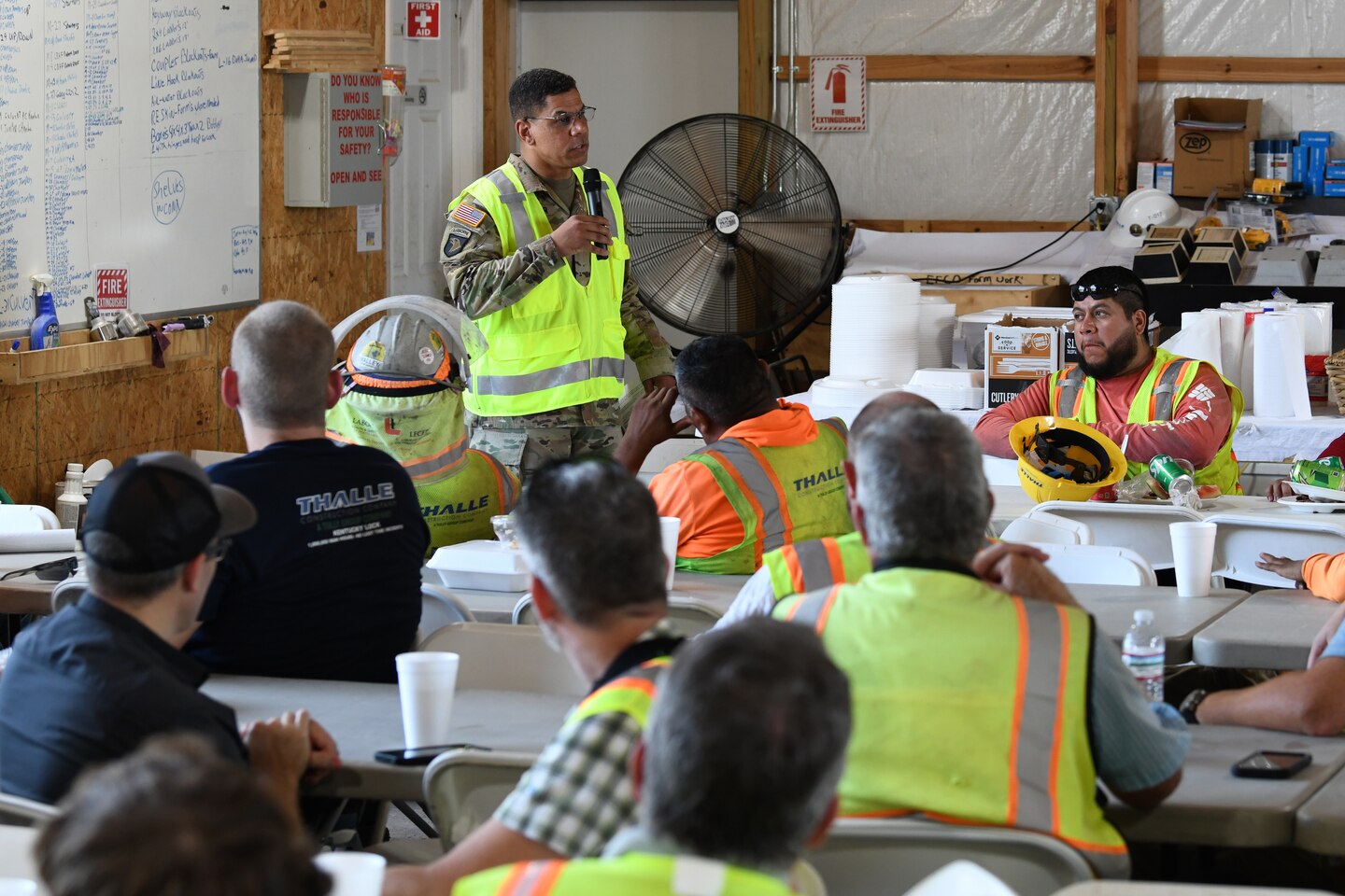 Maj. Gen. Mark Quander, USACE Great Lakes and Ohio River Division commander, congratulates Thalle Construction workers on reaching one-million man-hours without a loss time incident. Thalle construction has been working on the Kentucky Lock since 2022 and celebrated reaching the safety milestone with a ceremony on 30 July, 2024. (USACE Photo by Michael Davis)