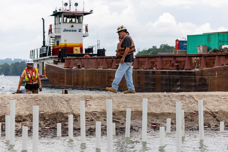 Contractors for the U.S. Army Corps of Engineers Pittsburgh District use various floating barges to drill, demolish and remove the fixed-crest dam at the Monongahela River Locks and Dam 3 in Elizabeth, Pennsylvania, July 29, 2024.
