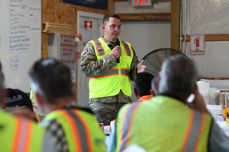 U.S. Army Corps of Engineers Nashville District Commander Lt. Col. Robert Green, congratulates Thalle Construction workers on reaching one-million man-hours without a loss time incident. Thalle construction has been working on the Kentucky Lock since 2022 and celebrated reaching the safety milestone with a ceremony on 30 July, 2024. (USACE Photo by Michael Davis)
