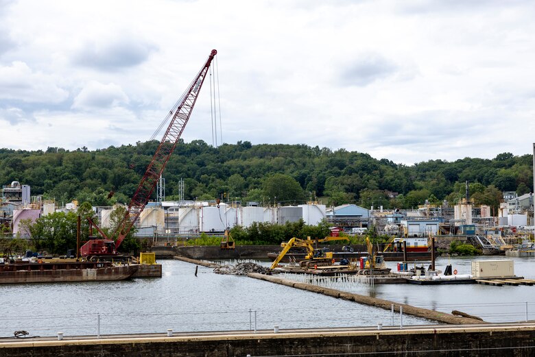 Contractors for the U.S. Army Corps of Engineers Pittsburgh District use various floating barges to drill, demolish and remove the fixed-crest dam at the Monongahela River Locks and Dam 3 in Elizabeth, Pennsylvania, July 29, 2024.