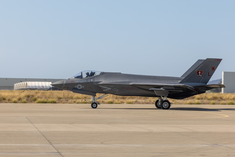 A U.S. Marine Corps F-35C Lightning II aircraft assigned to Marine Fighter Attack Squadron (VMFA) 311, Marine Aircraft Group 11, 3rd Marine Aircraft Wing, taxis during a live ordnance training event at the Marine Corps Air Station Miramar combat aircraft loading area, California, July 25, 2024. This was the first time VMFA-311 conducted live ordnance operations independently and a milestone for the squadron, which declared initial operational capability on July 31, 2024. Achieving initial operational capability means that VMFA-311 has the operational F-35C aircraft, trained pilots, maintainers, and support equipment to self-sustain its mission essential tasks. (U.S. Marine Corps photo by Lance Cpl. Jennifer Sanchez)