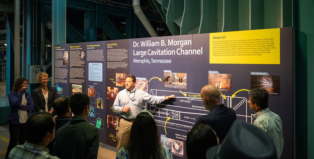 Memphis Site Director Matt Brantz explains the history of Naval Surface Warfare Center, Carderock Division’s Large Cavitation Channel to visiting researchers and scientists participating in the Cavitation-Resistant Materials and Coating workshop on July 25, 2024, in Memphis, Tenn.