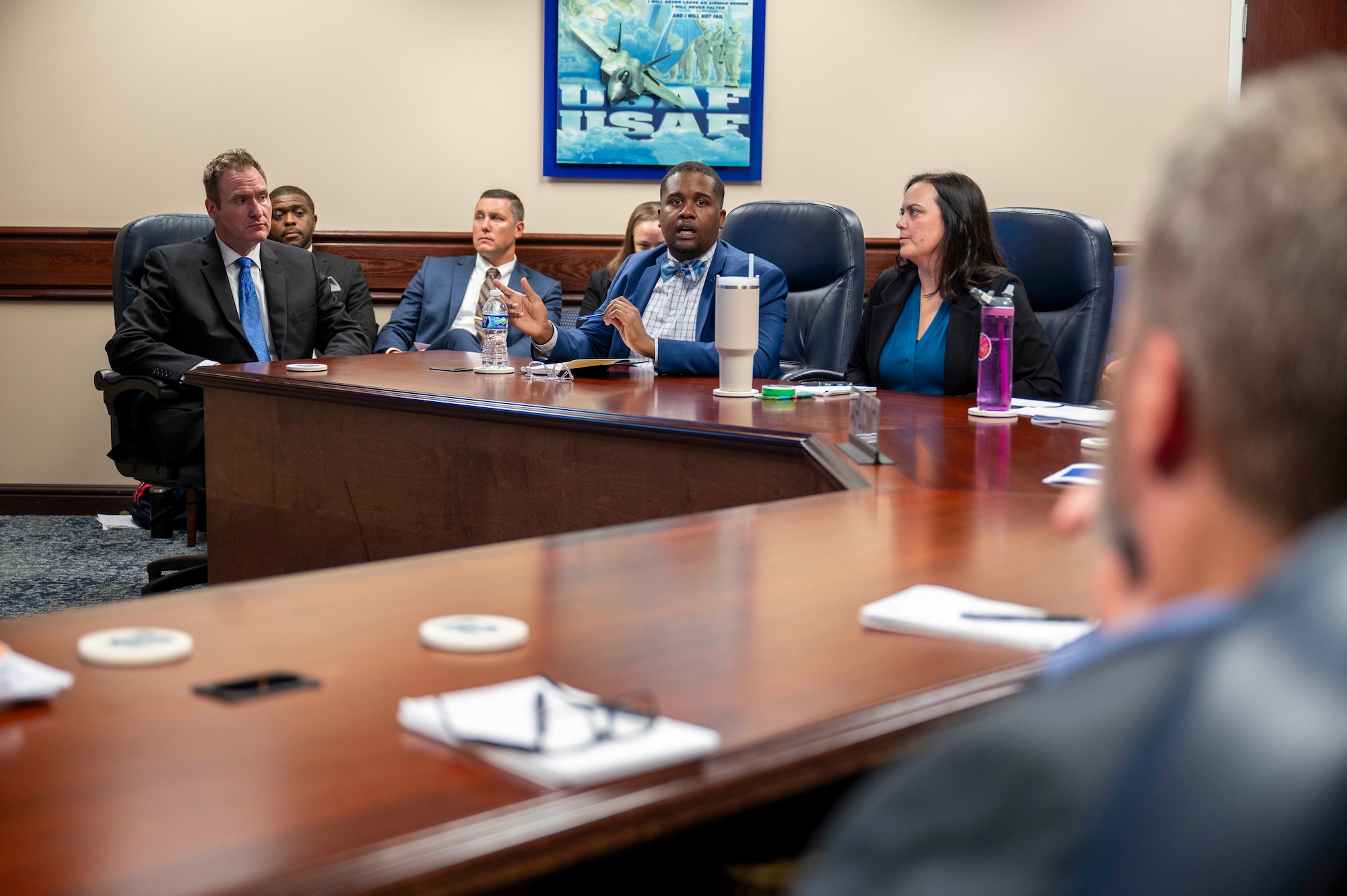 Marcus Green (middle), Strategic Acquisition Leadership Team VI member, briefs Air Force Life Cycle Management Center leaders at the AFLCMC Headquarters building on Wright-Patterson Air Force Base, Ohio, July 11, 2024. The team’s final presentation discussed digital business design details and how a successful digital transformation should include a strategy for people, processes, and tools. (U.S. Air Force photo by Staff Sgt. Mikaley Kline)
