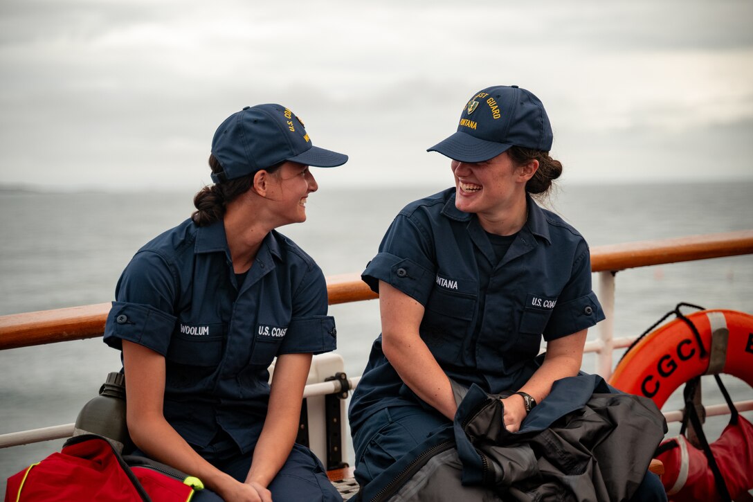 Coast Guard Academy Cadets enjoy a moment while underway in the Atlantic Ocean on Coast Guard Cutter Eagle (WIX 327), July 29, 2024. Cadets first embark on Eagle as part of the swab summer training program, designed to prepare them for life at the Academy. (U.S. Coast Guard photograph by Petty Officer 3rd Class Matt Thieme)