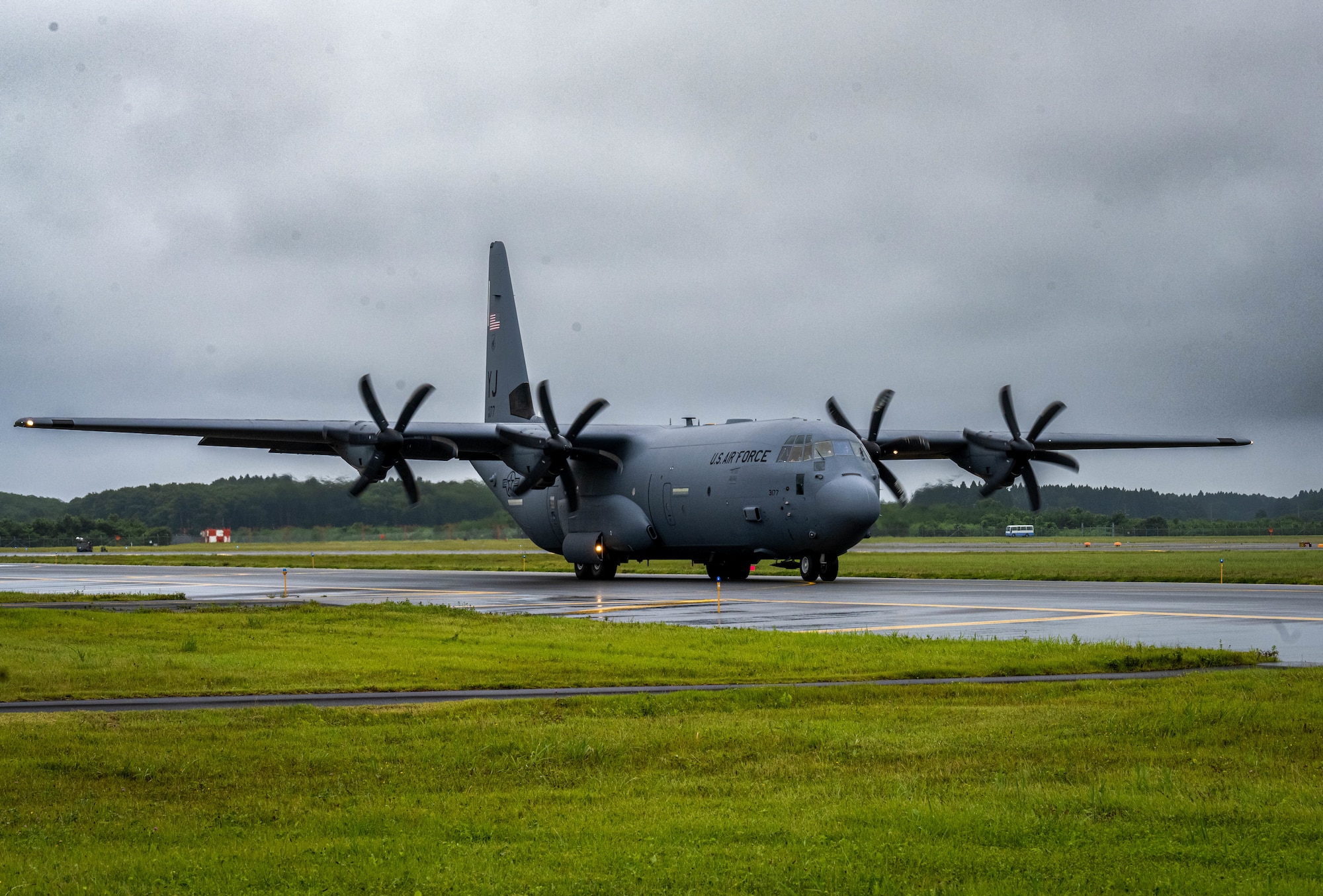 A C-130 Hercules taxis during a Landing Zone Safety Officer (LZSO) course at Misawa Air Base, Japan, July 26, 2024.