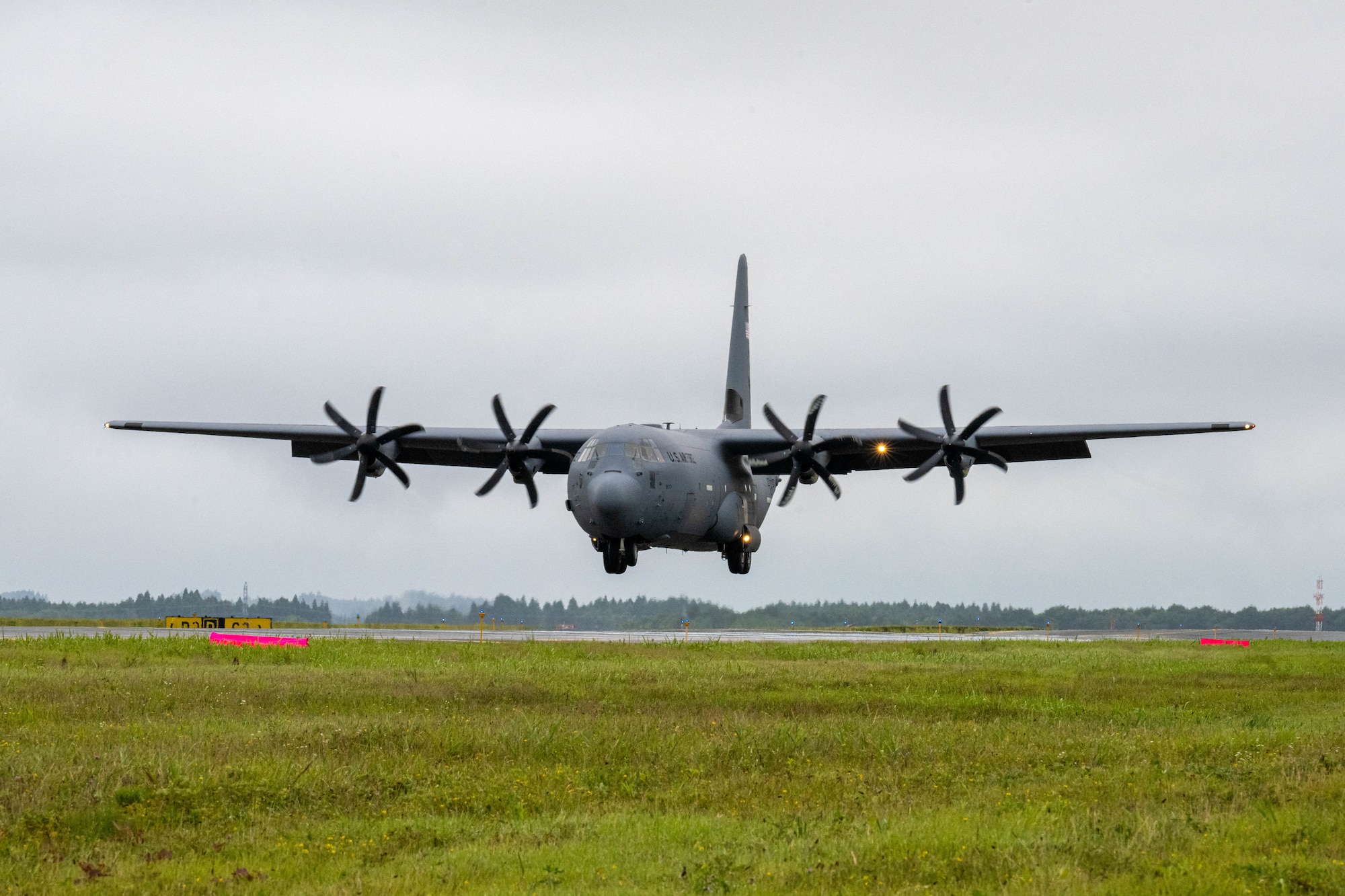 A C-130 Hercules lands during a Landing Zone Safety Officer (LZSO) course at Misawa Air Base, Japan, July 26, 2024.