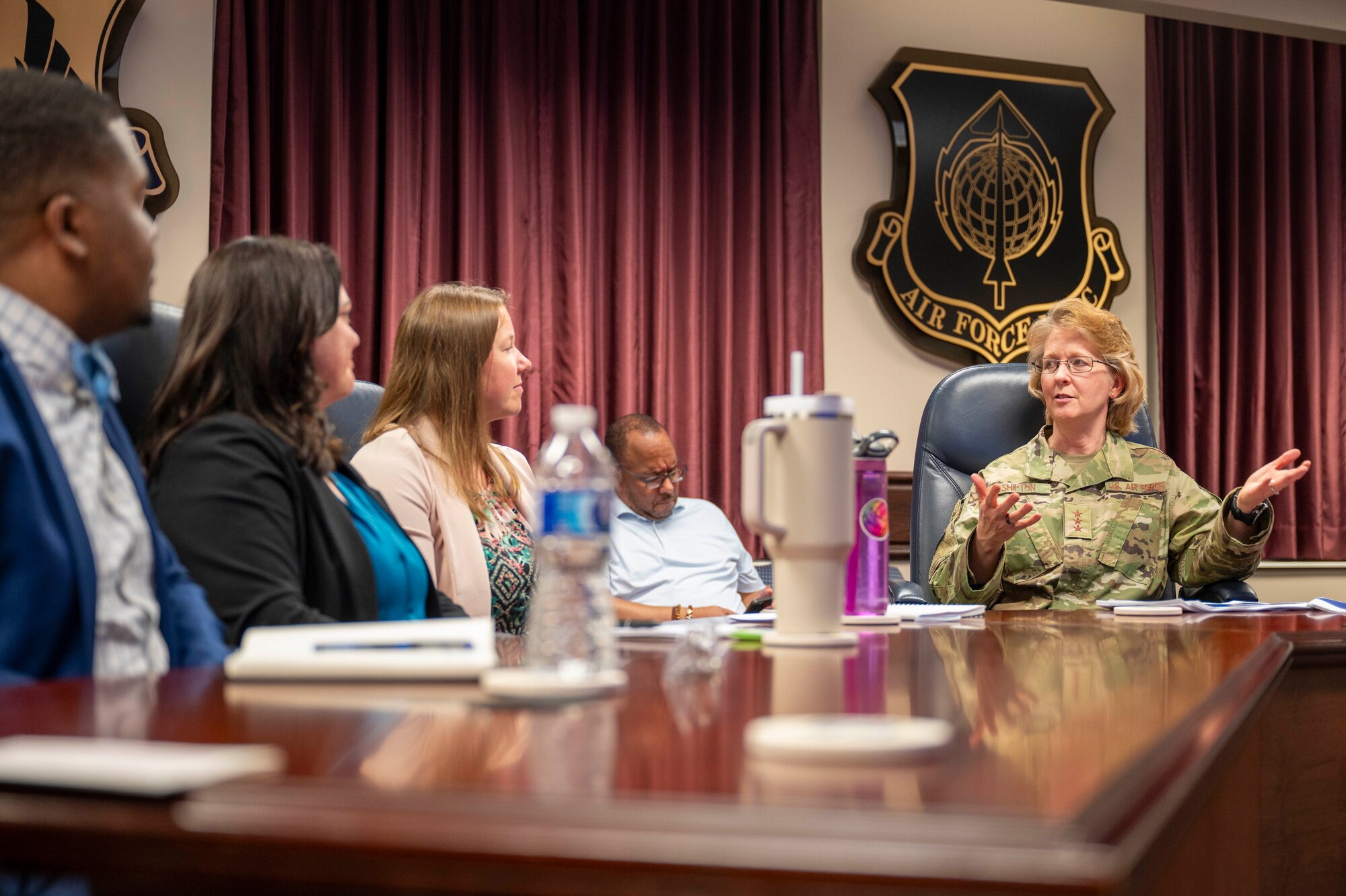 Lt. Gen. Donna Shipton, Air Force Life Cycle Management Center commander, speaks with members of the Strategic Acquisition Leadership Team Cohort VI members during a final brief at the AFLCMC Headquarters building, July 11, 2024. SALT is an opportunity for AFLCMC Civilians who have just promoted into leadership roles or are ready to promote into leadership roles to access specialized coursework from leading universities while working together on a small team completing a six-to-eight-month challenge project benefitting AFLCMC. (U.S. Air Force photo by Staff Sgt. Mikaley Kline)