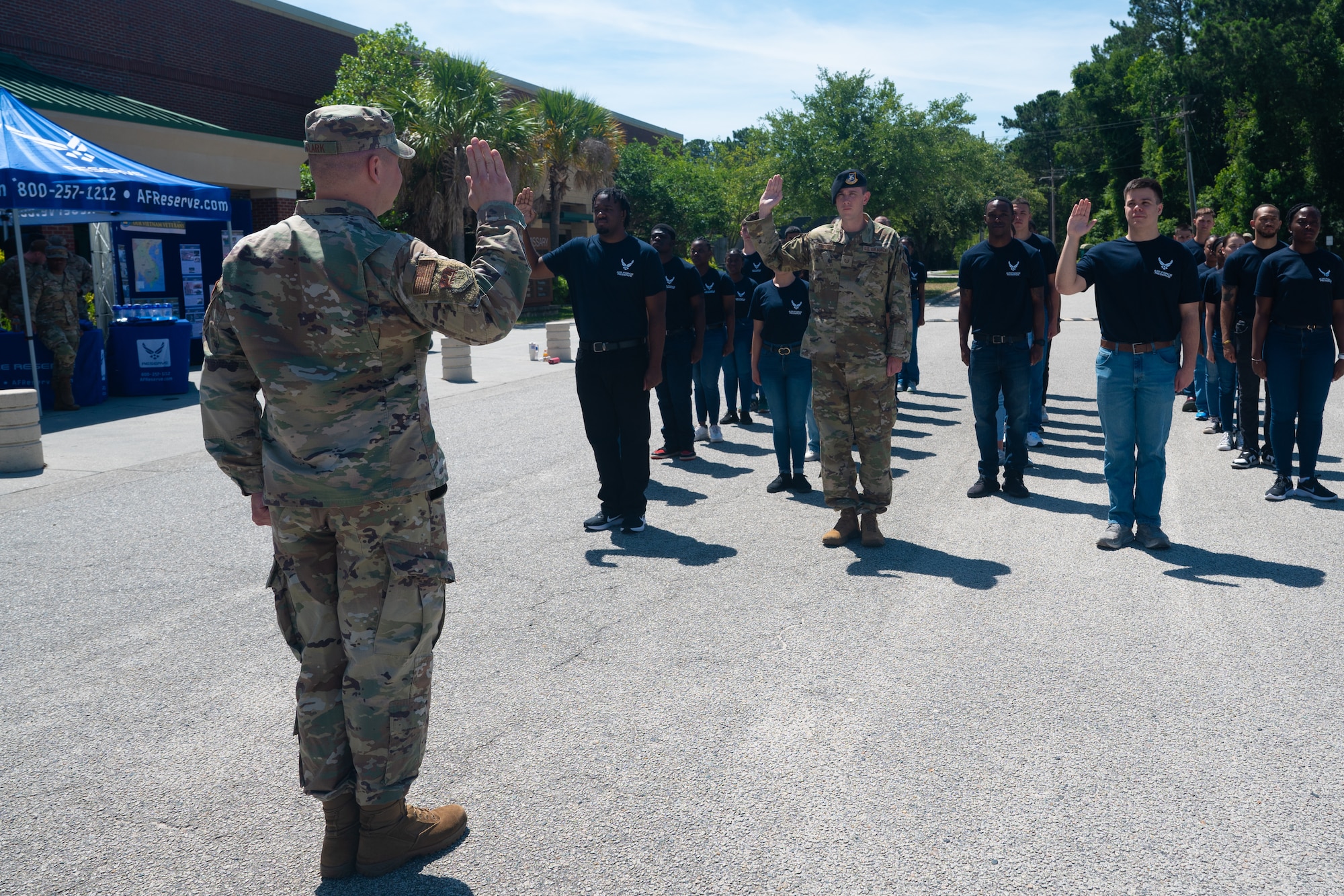 The 315th Airlift Wing Development and Training Flight held a ceremony in which 45 trainees gave their commitment to honor the Oath of Enlistment, two took the Oath, and one member reenlisted, June 1, 2024, at Joint Base Charleston, South Carolina. (U.S. Air Force photo by Tech. Sgt. Della Creech)