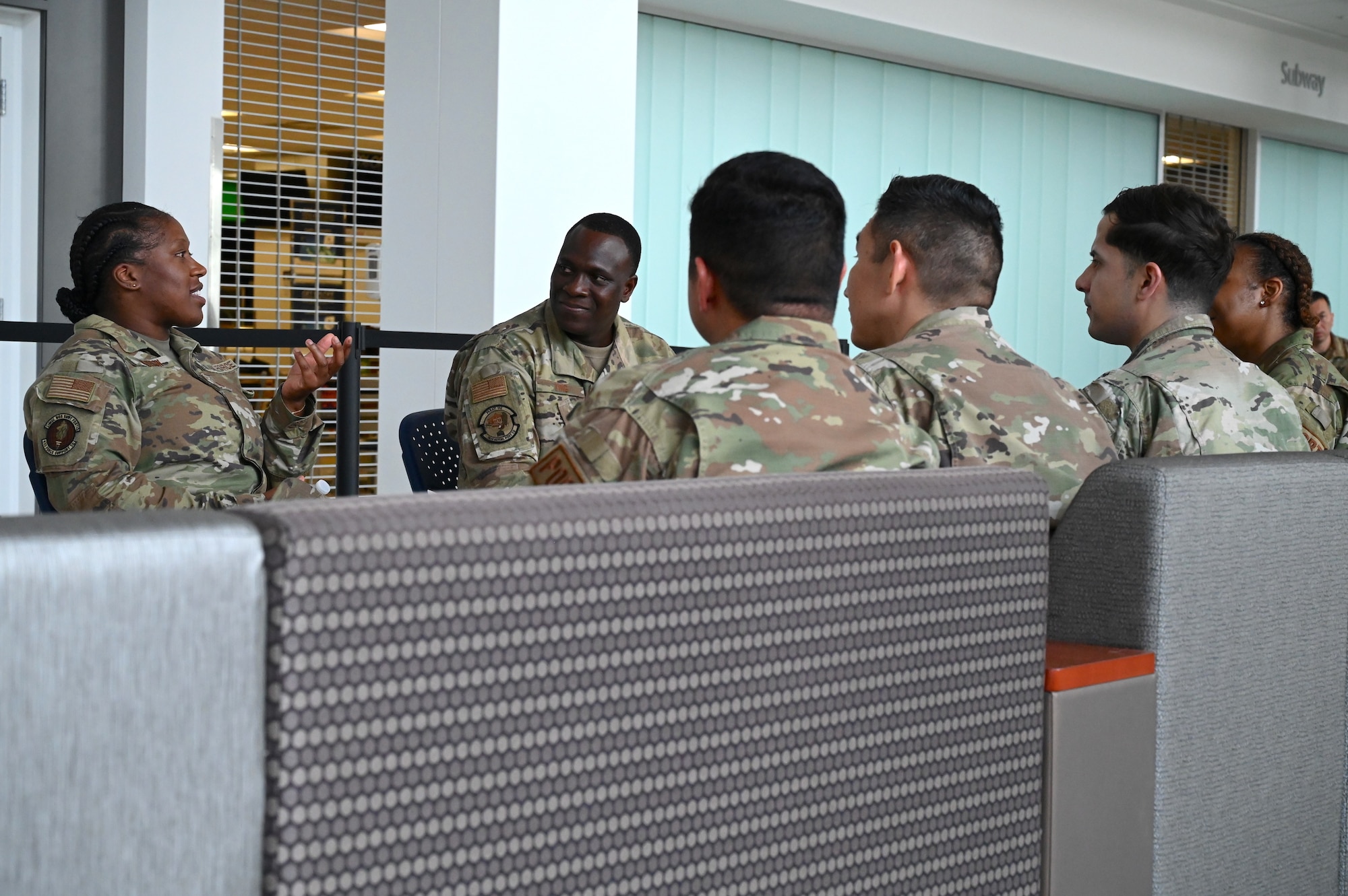 Photo of Master Sgt. Andrea Madison, 433rd Force Support Squadron first sergeant, explaining the reason why she became a first sergeant during a speed mentoring event at Wilford Hall Ambulatory Surgical Center on Joint Base San Antonio-Lackland, Texas.