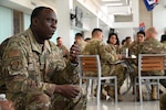 Photo of Senior Master Sgt. Jevon King, 74th Aerial Port Squadron first sergeant, describing the importance of self-care as a first sergeant during a speed mentoring event at Wilford Hall Ambulatory Surgical Center on Joint Base San Antonio-Lackland, Texas.