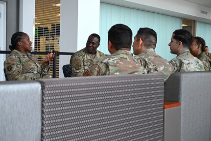 Photo of Master Sgt. Andrea Madison, 433rd Force Support Squadron first sergeant, explaining the reason why she became a first sergeant during a speed mentoring event at Wilford Hall Ambulatory Surgical Center on Joint Base San Antonio-Lackland, Texas.