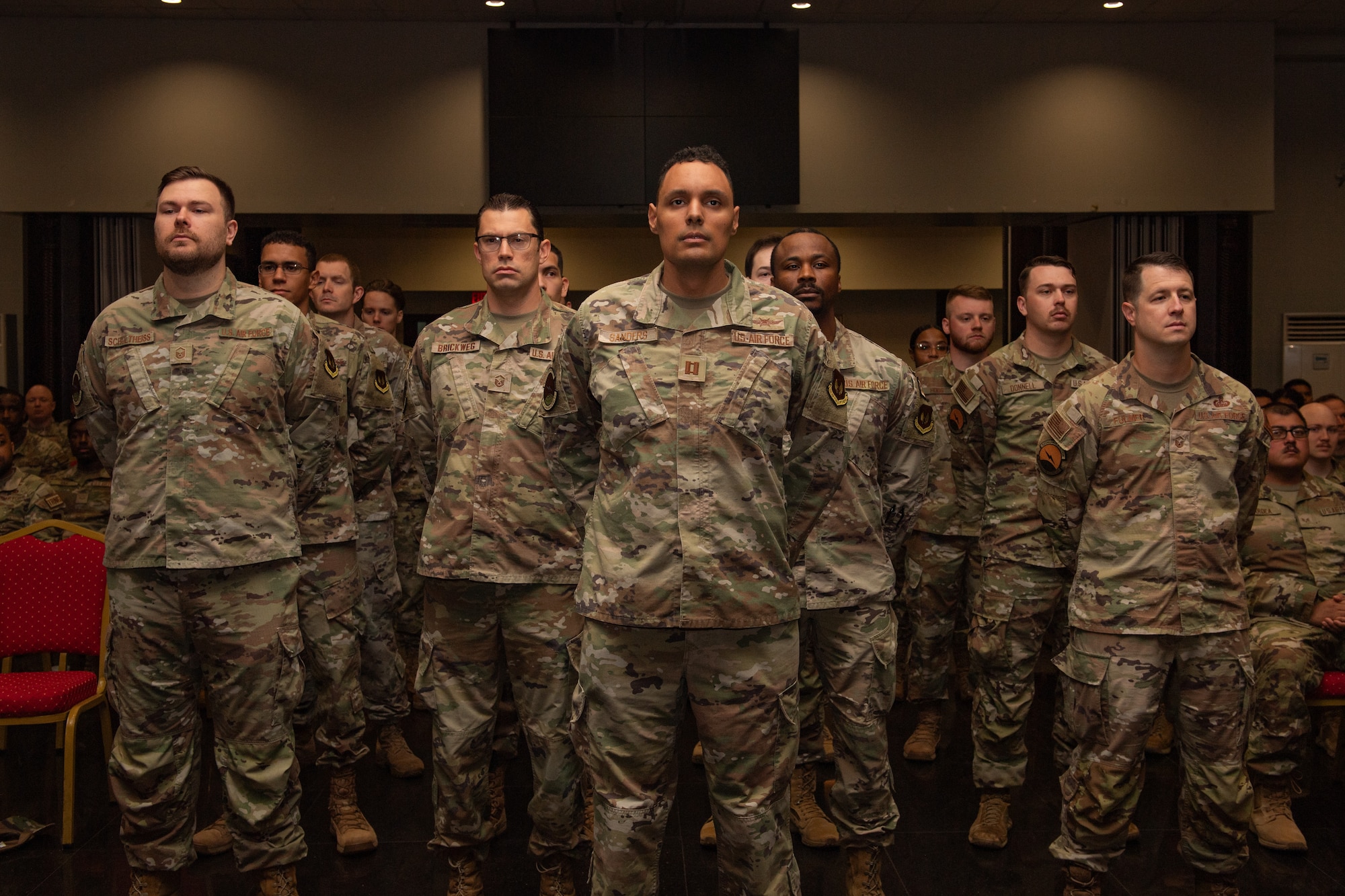 Airmen from the 39th Communication Squadron stand in formation during a change of command ceremony at Incirlik Air Base, Türkiye.