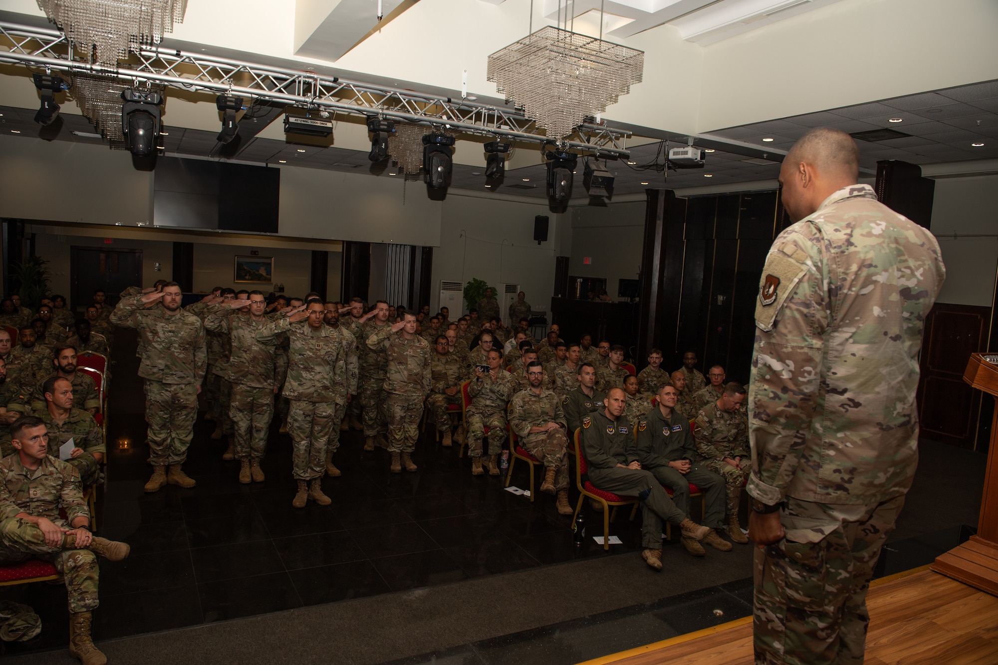 U.S. Air Force Maj. William Glover, 39th Communications Squadron commander, renders his first salute at a change of command ceremony at Incirlik Air Base, Türkiye.