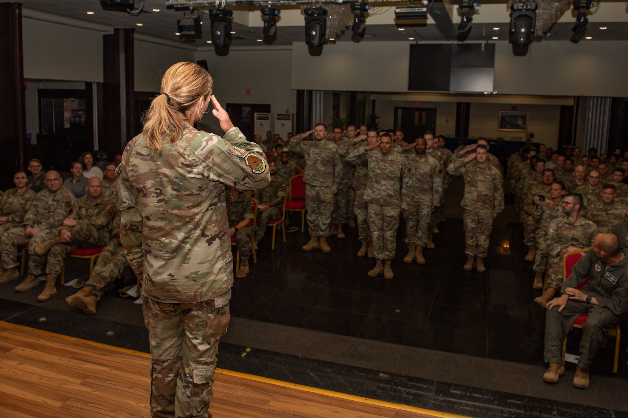 U.S. Air Force Lt. Col. Angie Cox, 39th Communications Squadron commander, renders her final salute at a change of command ceremony at Incirlik Air Base, Türkiye.