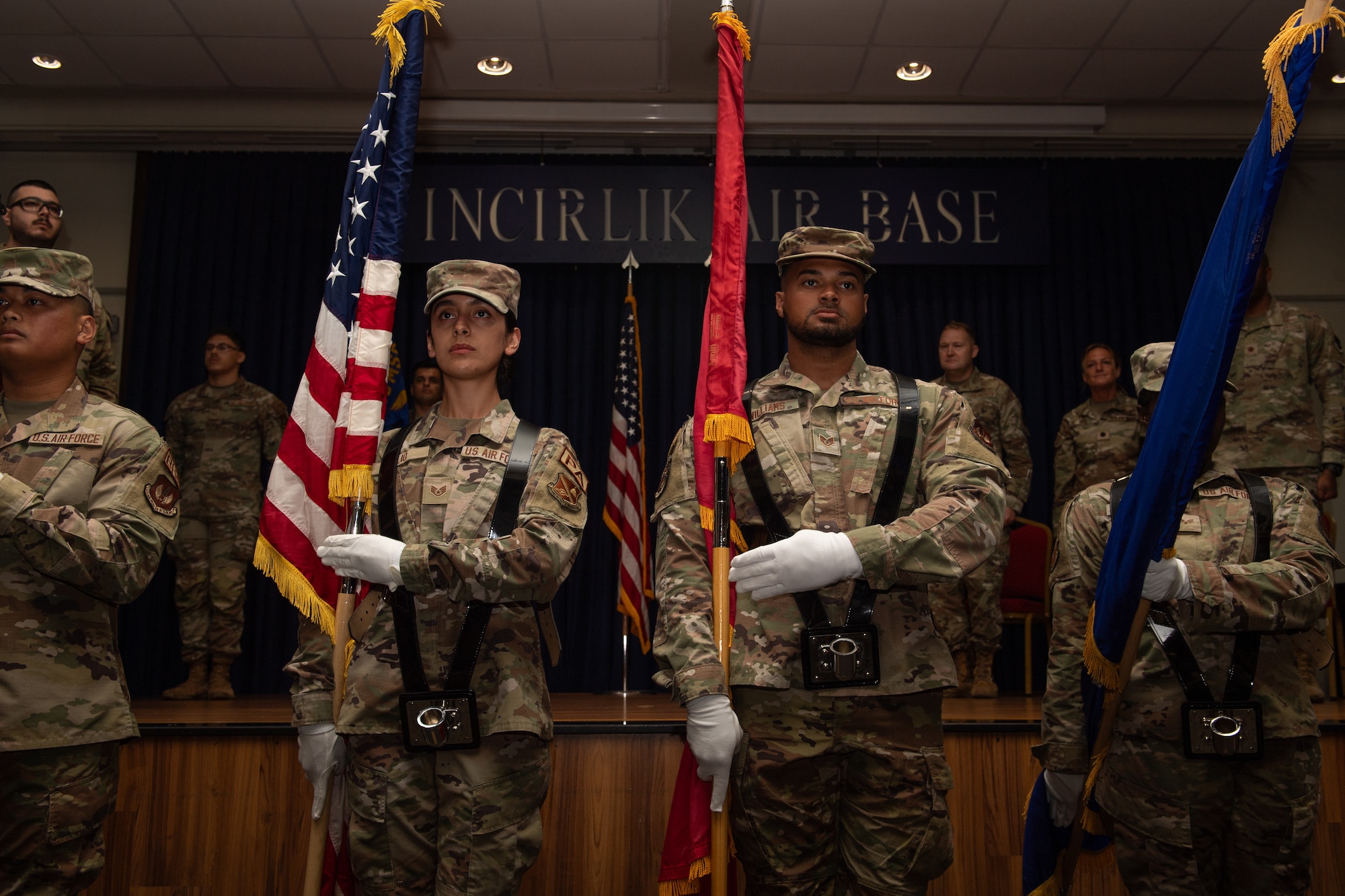Members from the 39th Air Base Wing honor guard present the colors during the 39th Communication Squadron change of command ceremony at Incirlik Air Base, Türkiye.