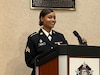 Sgt. Lee-Syonne Burchell, singing at the Dwight D. Eisenhower Army Medical Center in Augusta, Georgia, in May 2023.